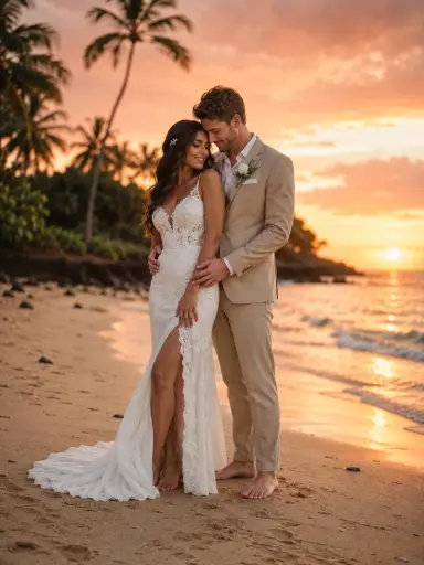 AI generated couple wedding photo on a tropical beach at sunset — beige linen suit and white lace dress