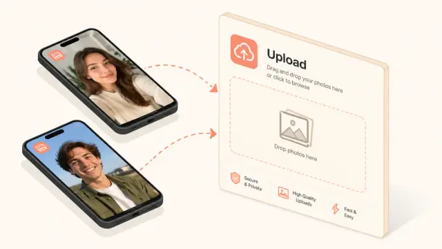 Step 1 of the AI couple photo maker — uploading two selfies into the Imya.ai AI couple photo generator panel