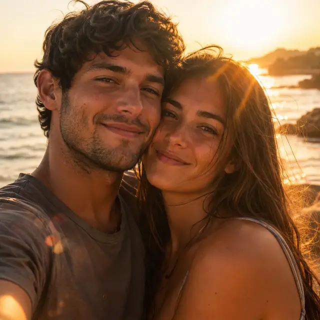 Sunset AI couple photo generator output — realistic merged couple photo