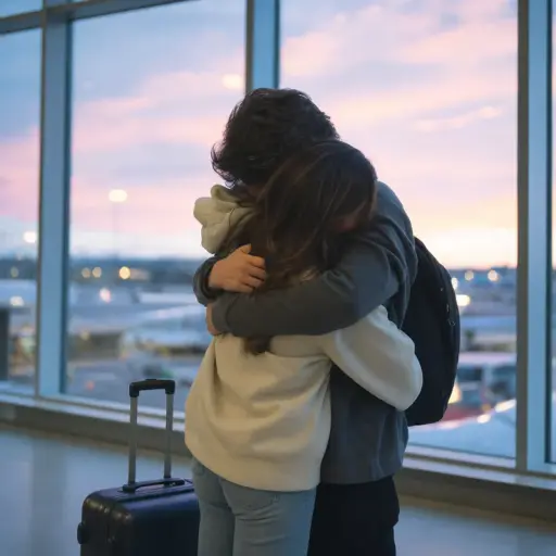 Long-distance reunion AI couple photo prompt result — airport hug at dawn with suitcase beside them