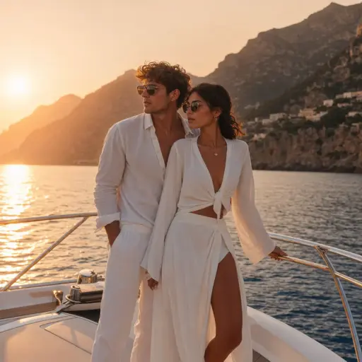 Luxury yacht AI couple photo prompt result — white linen couple at the bow at golden hour