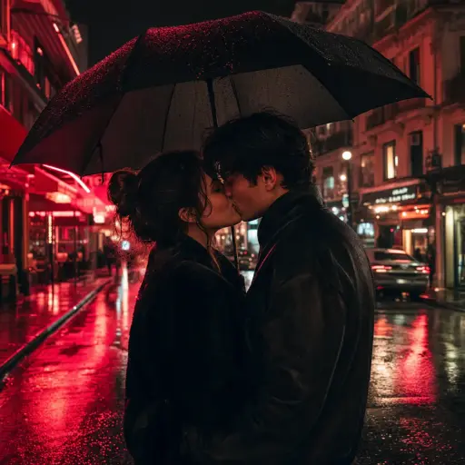 Aesthetic rain-kiss AI couple photo prompt result — kiss under a black umbrella on a neon wet street