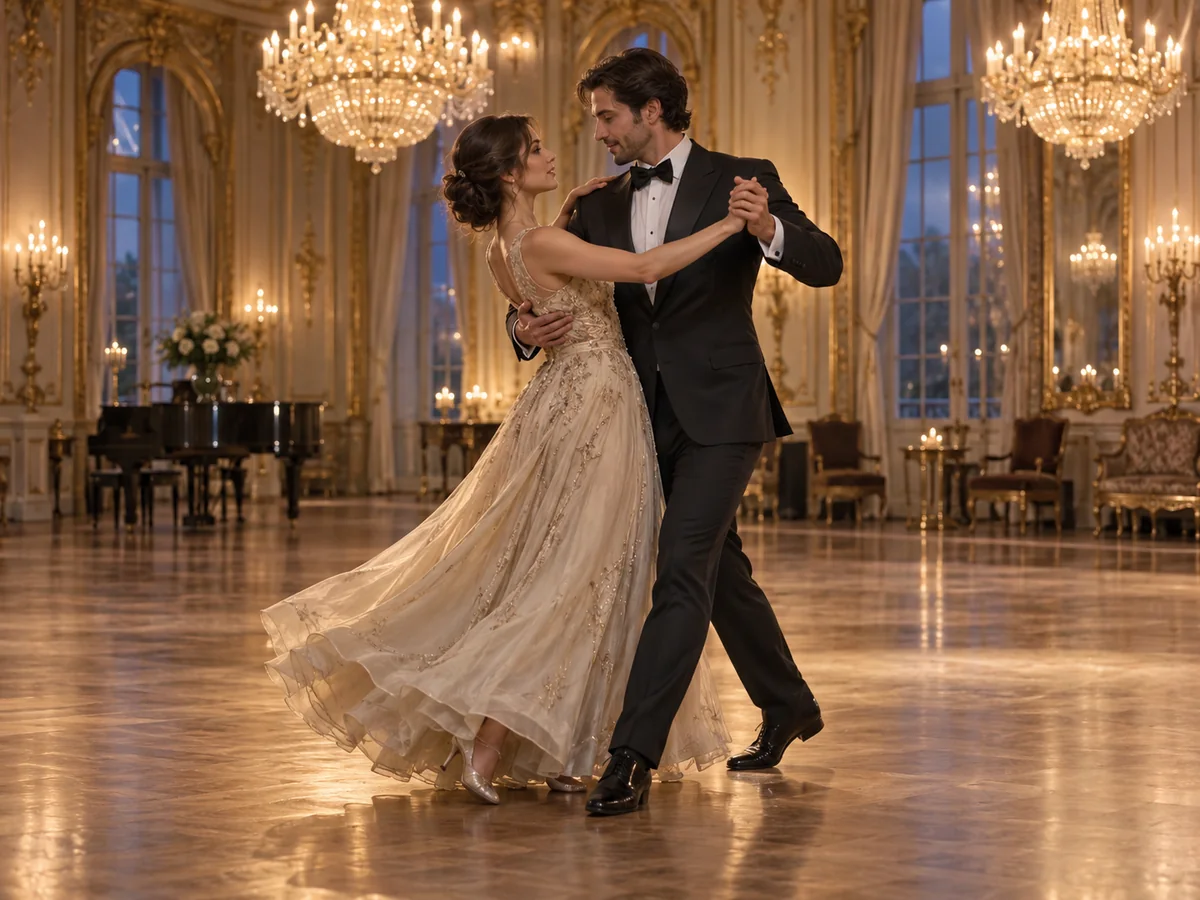 AI couple dance video — a couple waltzing in a ballroom under chandeliers