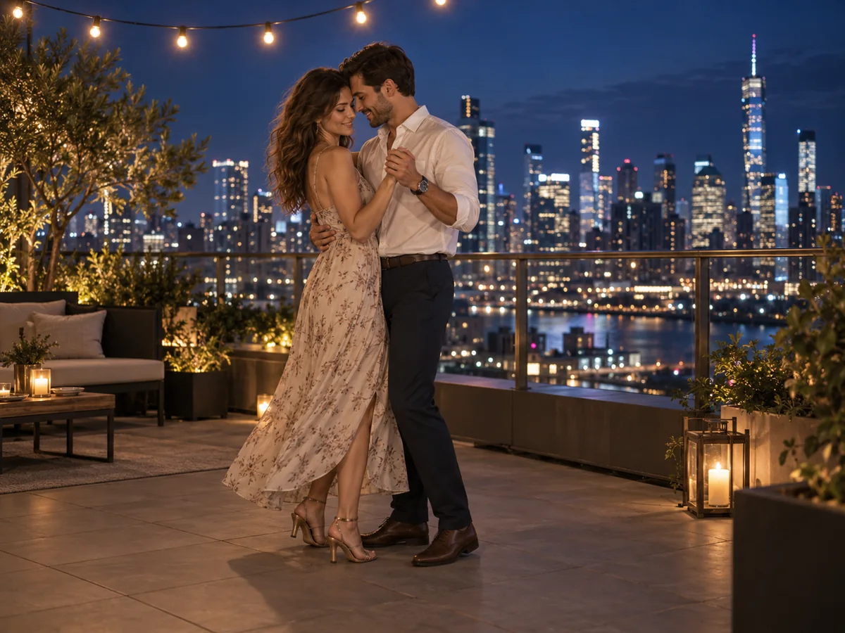 AI couple dance video — a couple slow dancing on a city rooftop at night