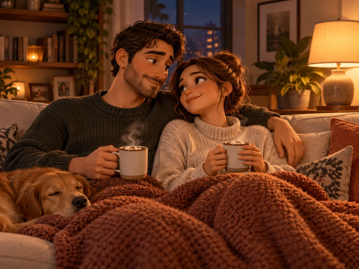 AI couple video scene — an animated couple cuddling on a sofa with cocoa