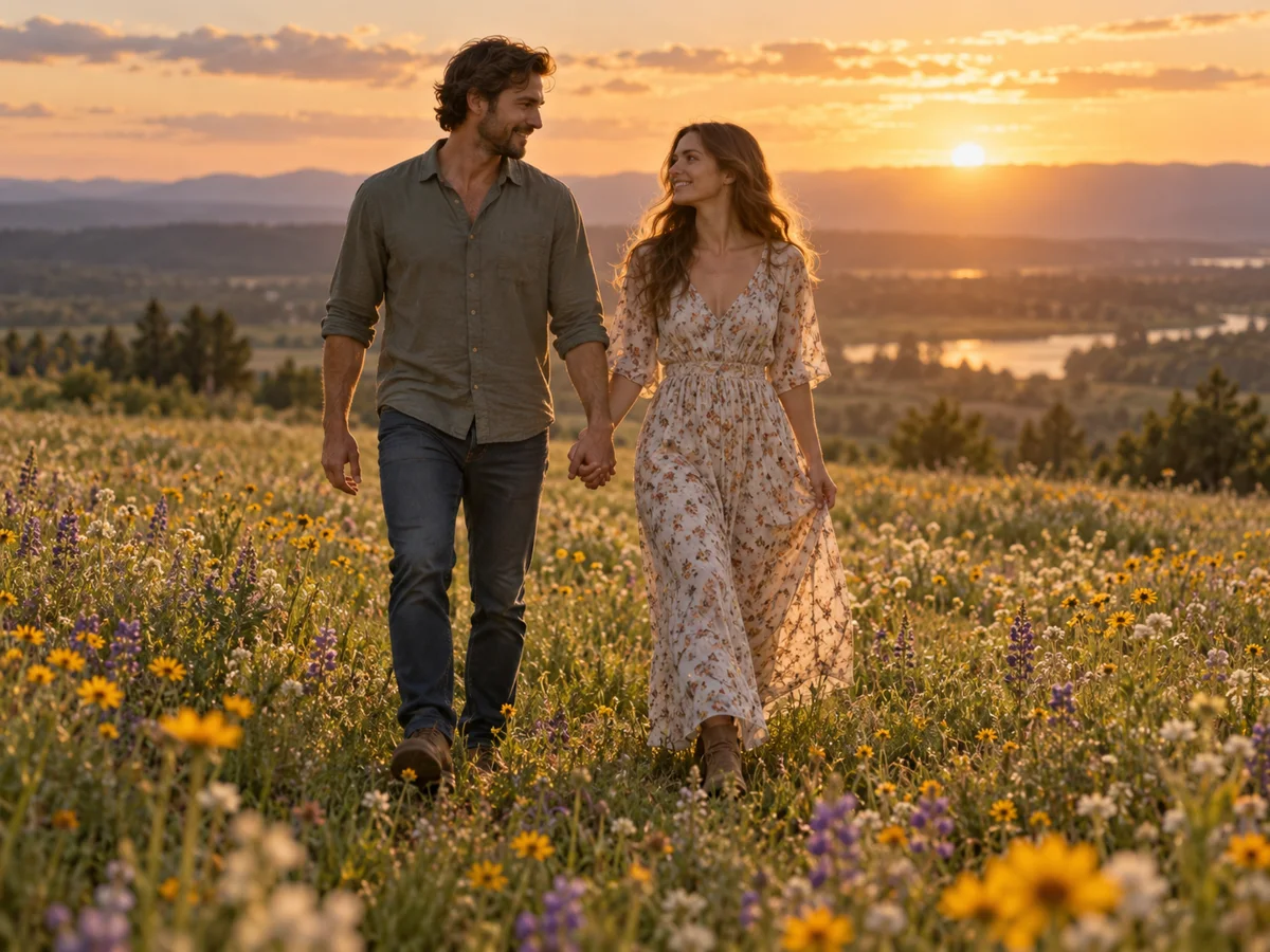 AI romantic video scene — a couple walking through a flower field at sunset