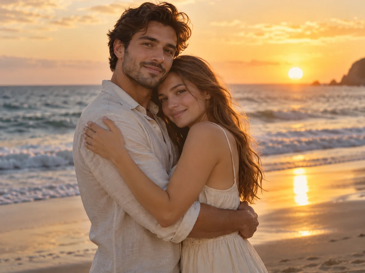 AI romantic video scene — a couple embracing on a beach at sunset