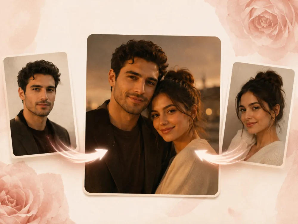 AI romantic couple video scene — a couple in a sunset flower field