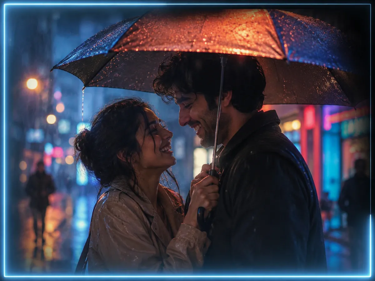 AI couple video Valentine card — a romantic couple with rose petals at sunset