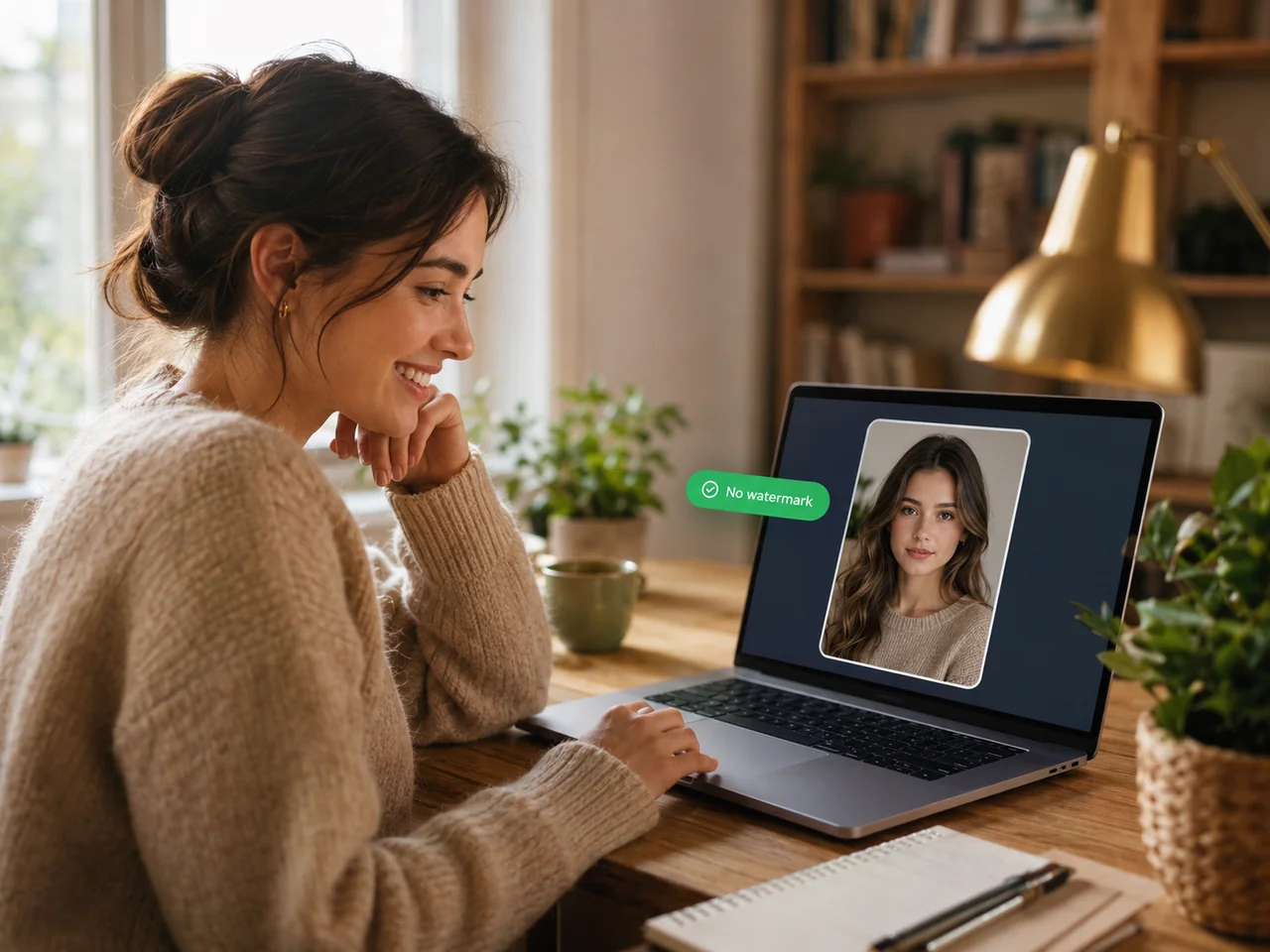 A user delighted by a free, no-watermark AI Face Swap result on their laptop