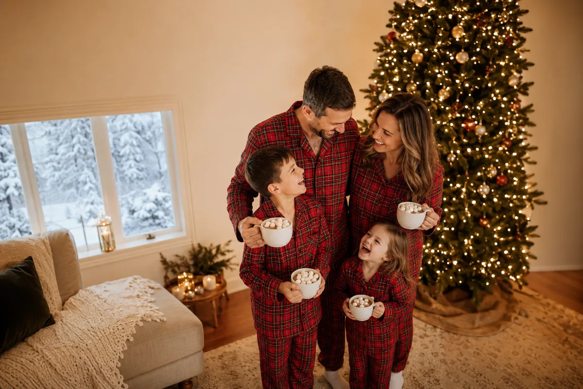AI family photo generator output — family of four in matching red plaid pajamas drinking cocoa beside a lit Christmas tree, Christmas card composition