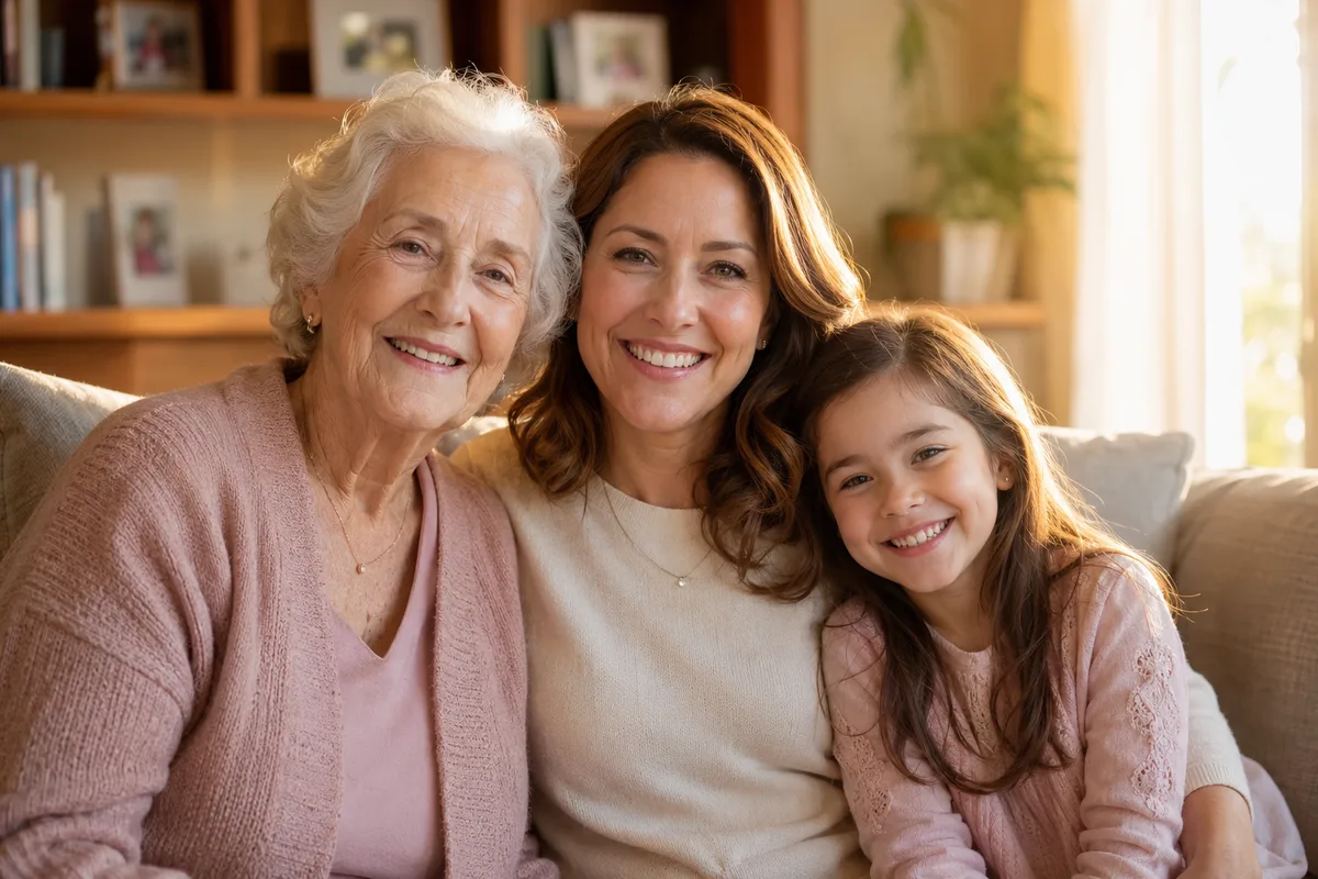 AI family photo generator output — grandmother, mother and granddaughter sitting together on a sunlit sofa, three generations in a single photorealistic family portrait