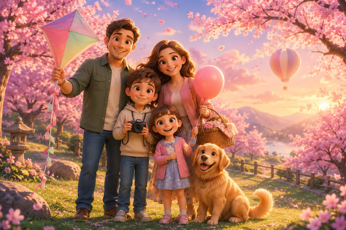 AI family photo generator output — Pixar-style 3D cartoon of a family of four with a golden retriever in a cherry blossom park, stylized family portrait