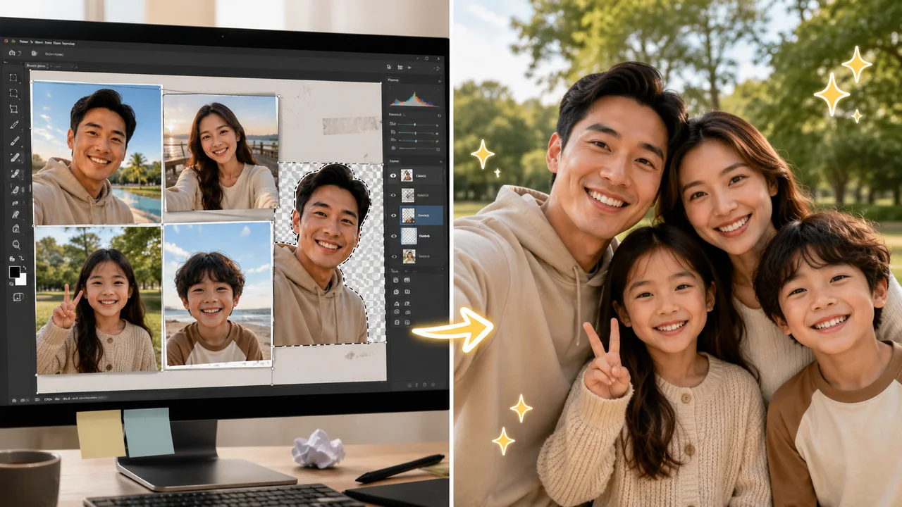 AI family photo generator vs traditional photo editor — seamless family portrait vs messy cutout collage