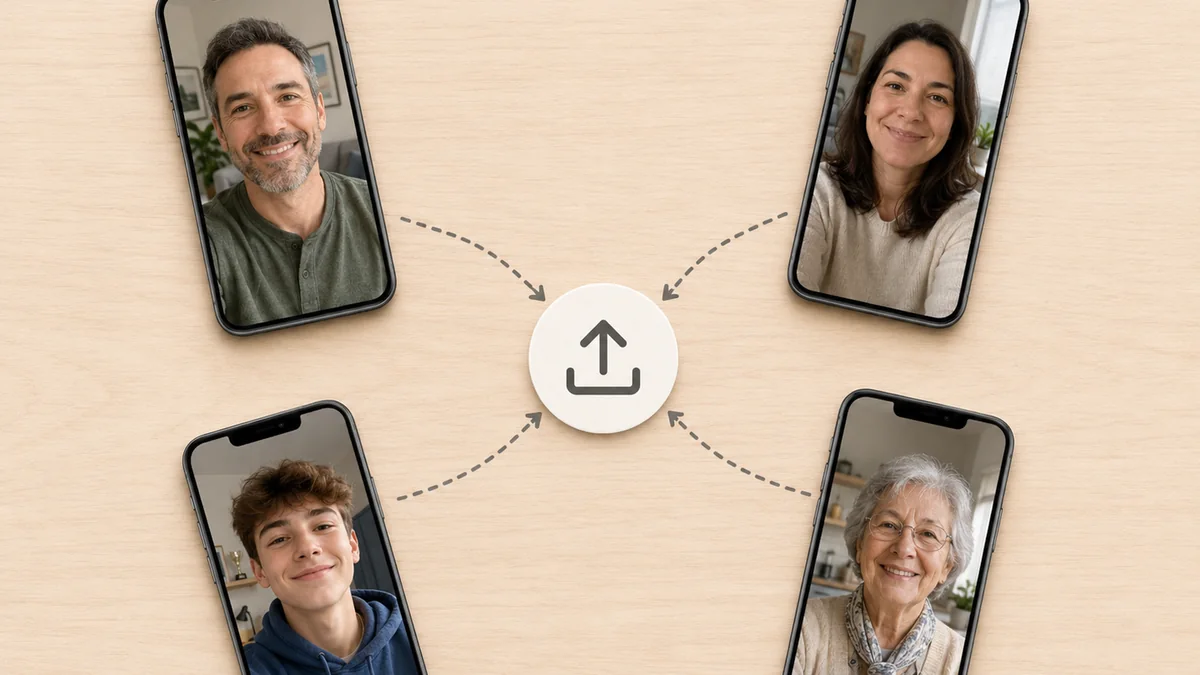 Step 1 of the AI family photo generator — uploading individual family selfies to the Imya panel