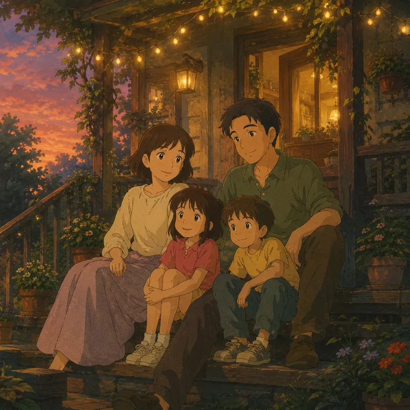 ChatGPT AI family photo generator prompt — Studio Ghibli porch under fairy lights