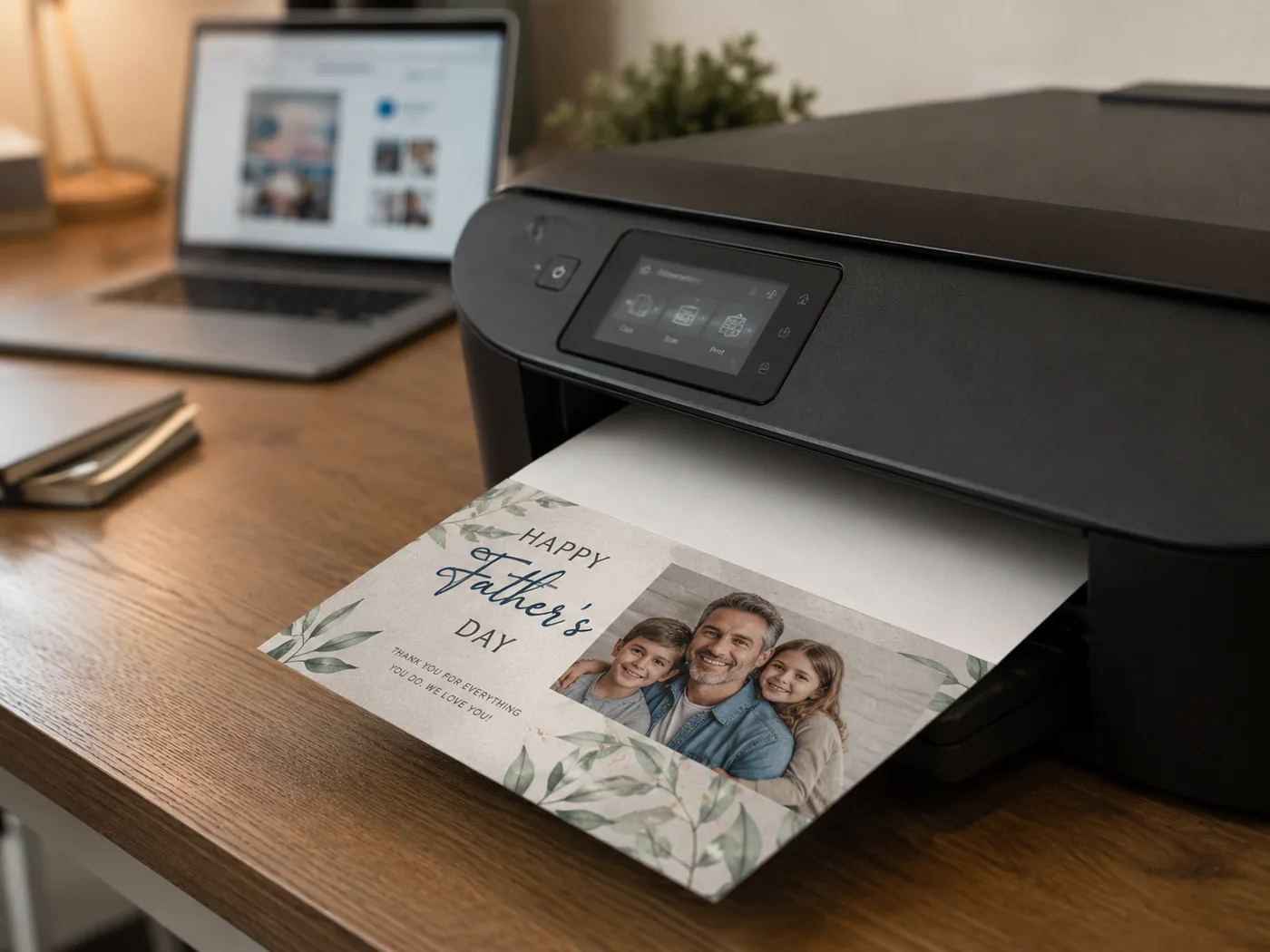 Print-ready Father's Day card emerging from a home photo printer next to a laptop
