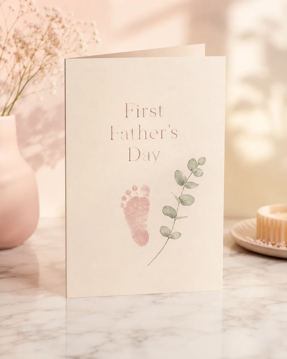 Pastel First Father's Day card with a baby footprint and eucalyptus sprig