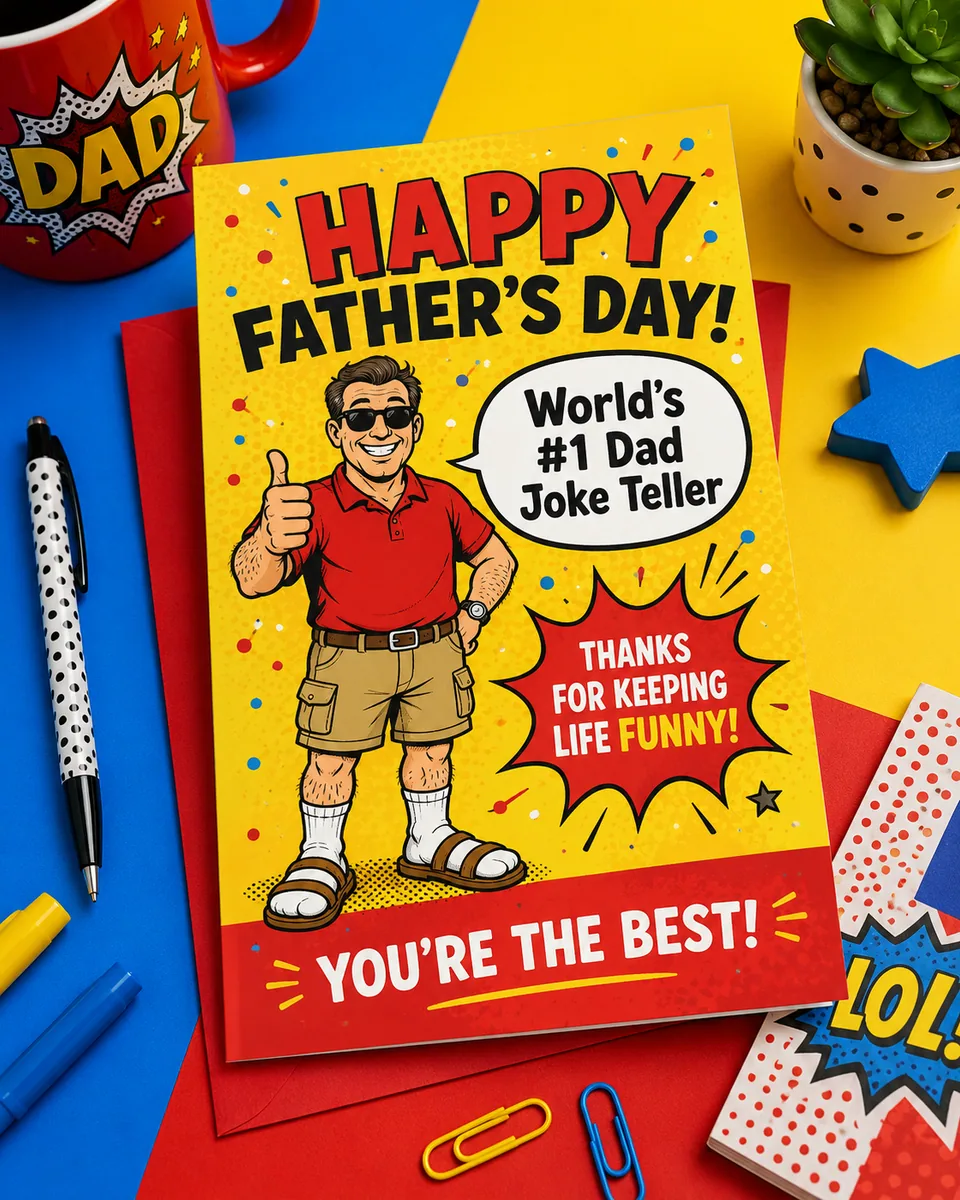 AI Father's Day card maker output — funny comic Father's Day card with dad-joke punchline rendered as a real photographed card