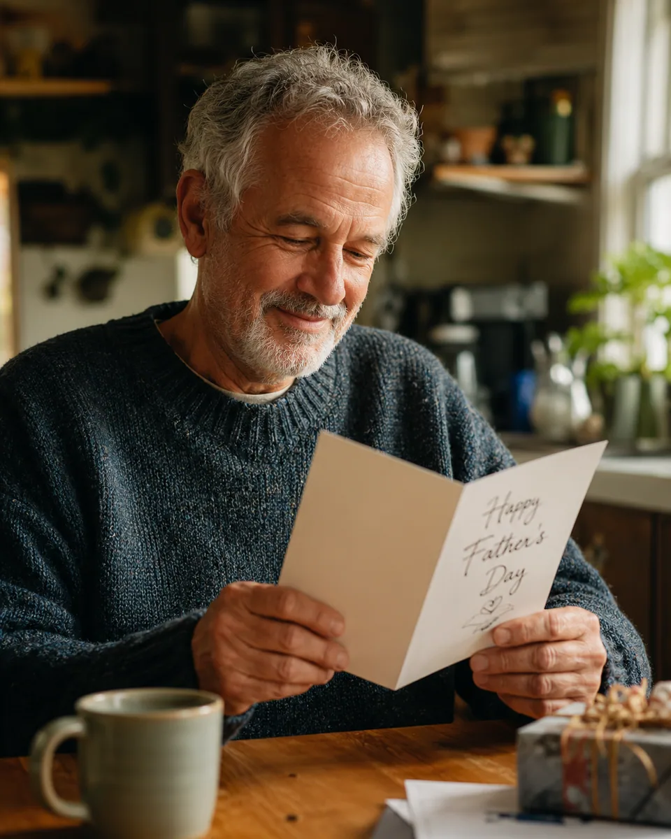 Father reading a personalized AI Father's Day card at his kitchen table