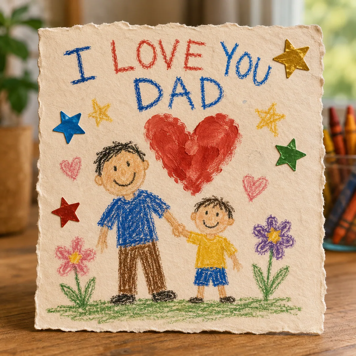 Kid-style Father's Day card with crayon drawing and an I love you Dad message