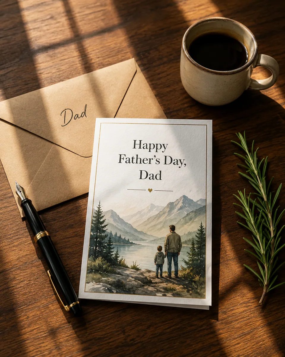 Watercolor Father's Day card with mountain scene on a desk with a fountain pen and envelope to Dad