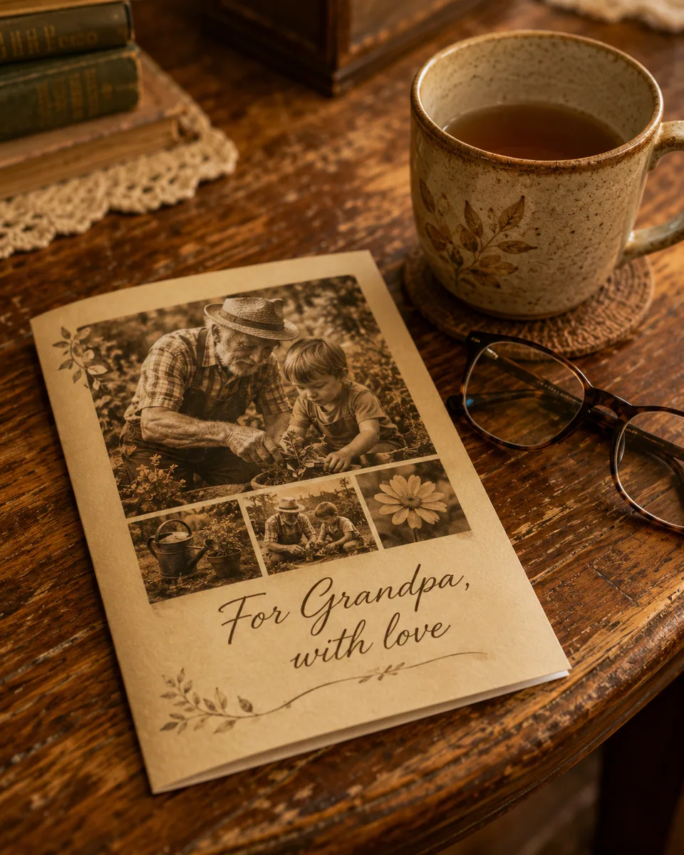 Sepia Father's Day card for Grandpa on a wooden desk with tea and reading glasses
