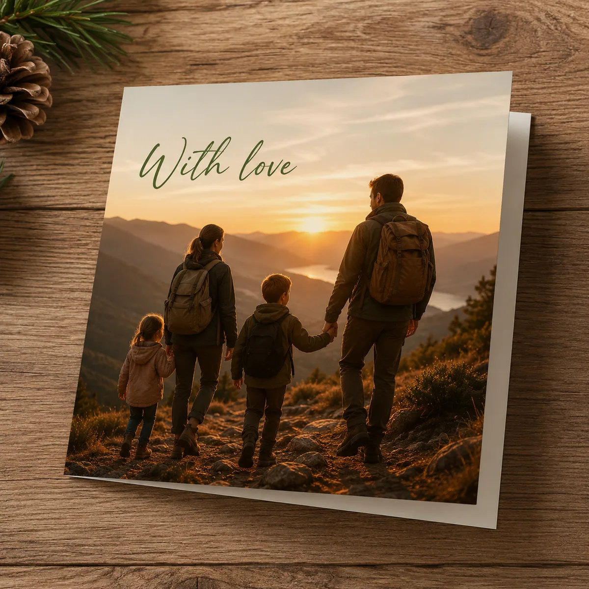 Outdoor Father's Day card With Love on a wooden picnic table beside wildflowers