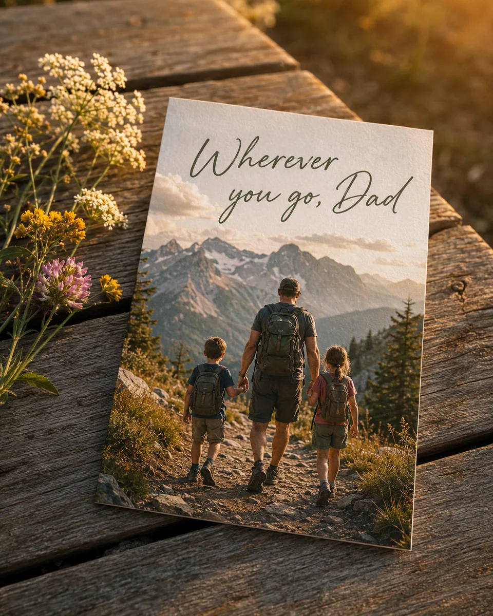Outdoor Father's Day card with a family hiking photo and a handwritten message to Dad