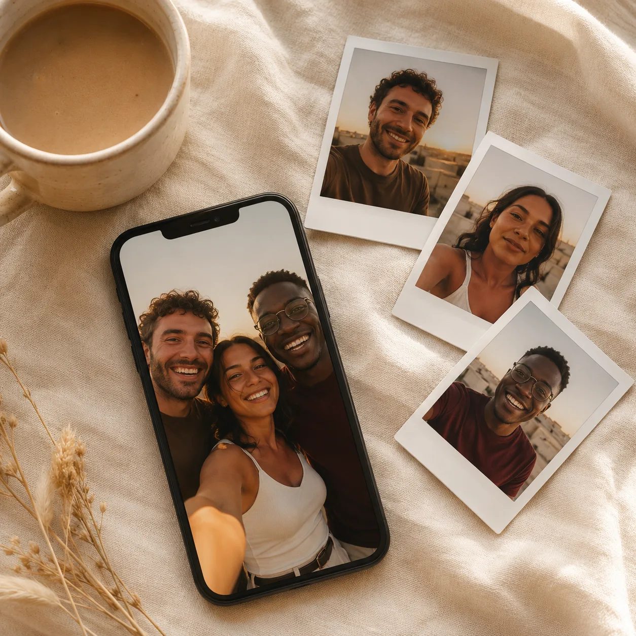 How the AI Group Photo Mixer works — three separate selfies merging into one realistic group photo on a phone screen