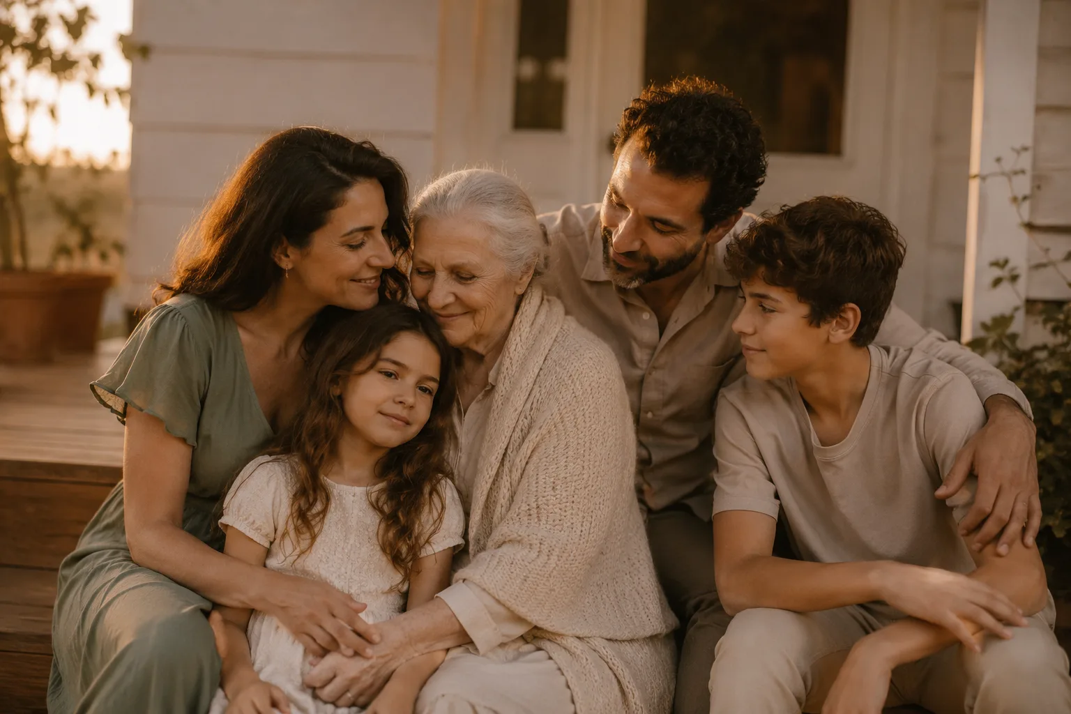 AI Group Photo Mixer output — quiet tender family group photo including an elderly grandmother on warm porch steps