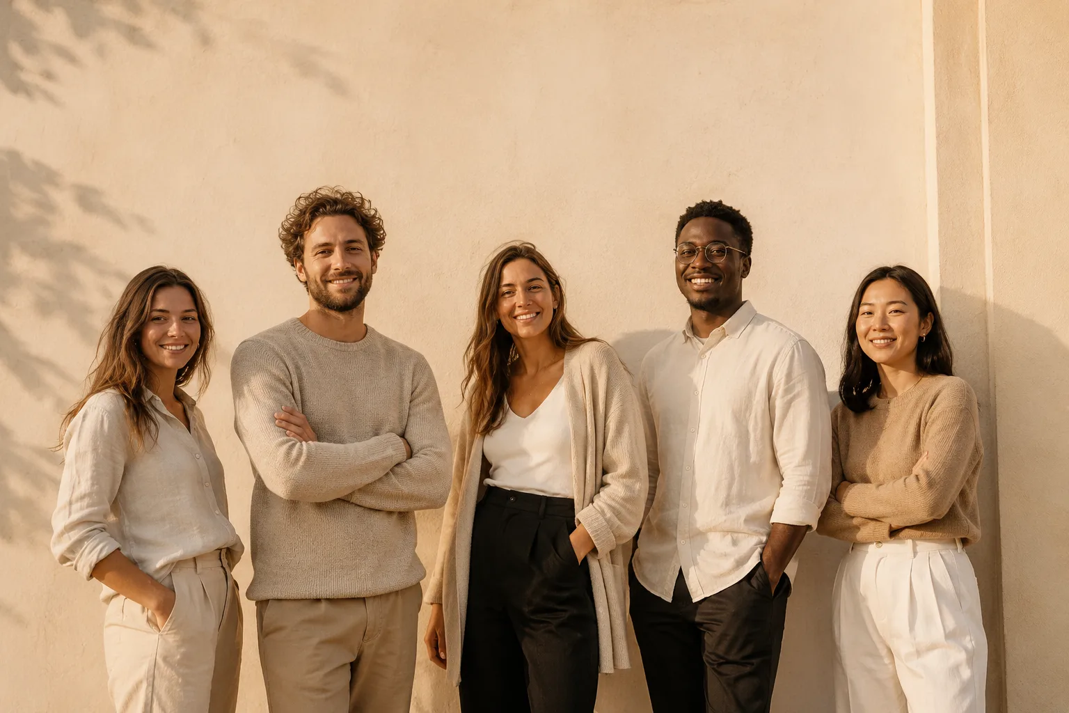 AI Group Photo Mixer output — five-person remote team group photo built from individual headshots