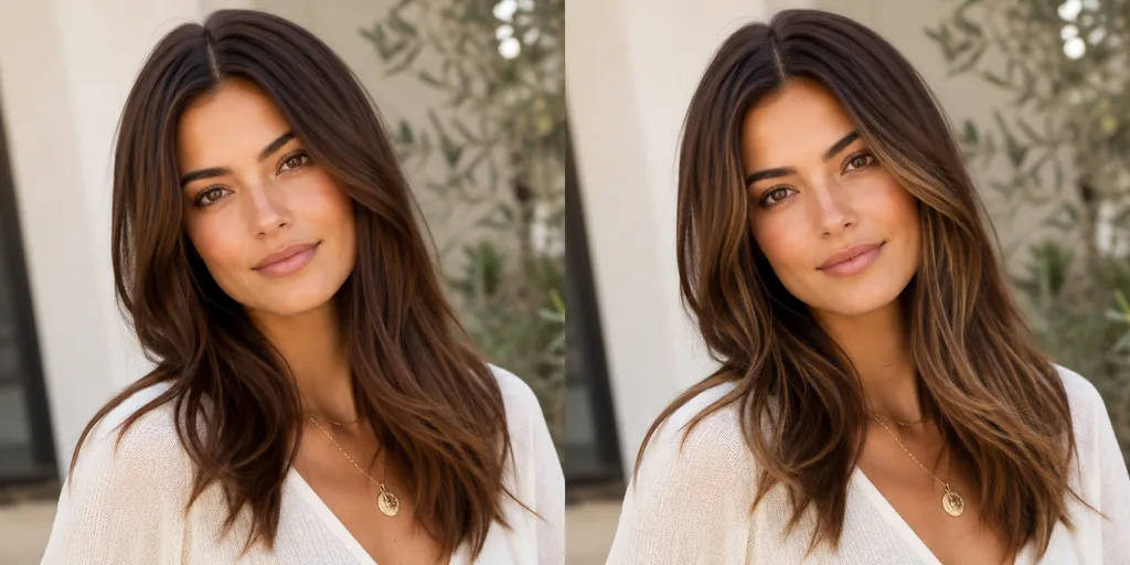 AI hair color changer before and after — solid brunette changed to caramel balayage