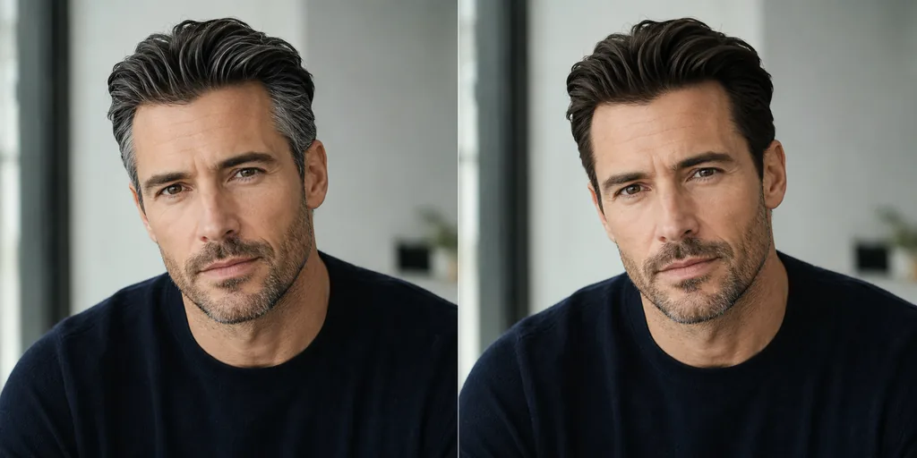 AI hair color change for men — salt and pepper gray covered to deep brown