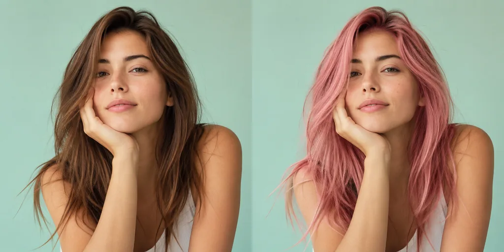 AI hair color changer before and after — natural brown changed to bold pastel pink