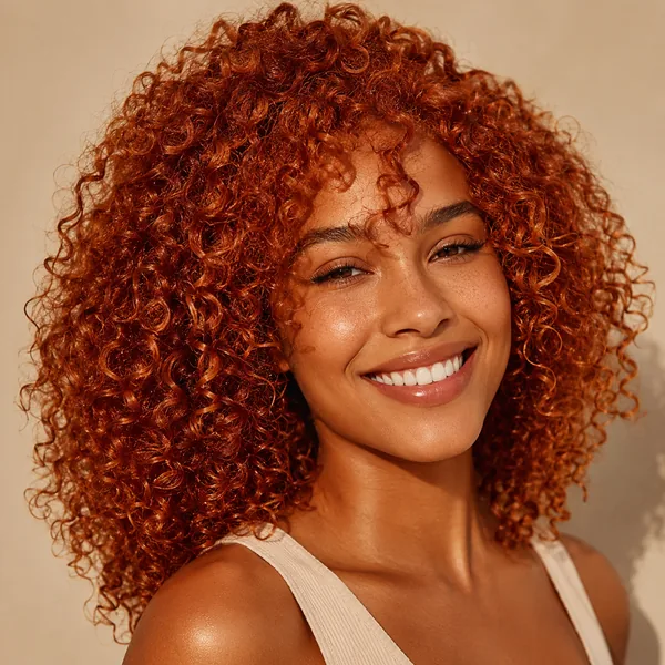 AI hair color changer on natural curly hair with a vibrant copper result
