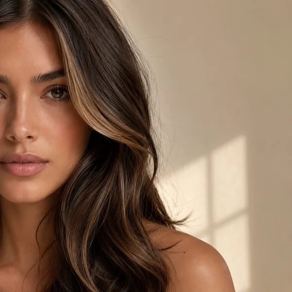 AI hair color changer rendering caramel face-framing highlights on dark hair