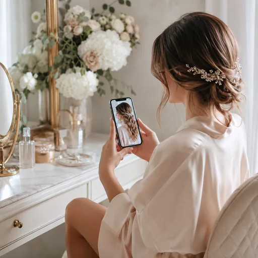 Bride using the AI hair color changer to preview a rose-gold wedding hair color
