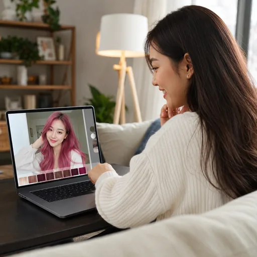 Color-curious user testing pink hair color on a laptop with the AI hair color changer