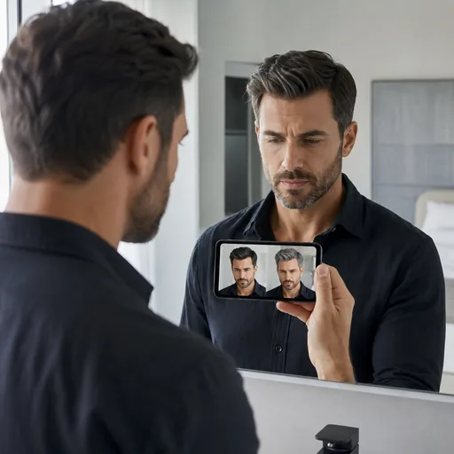 Man comparing two hair colors on his phone with the AI hair color changer for men