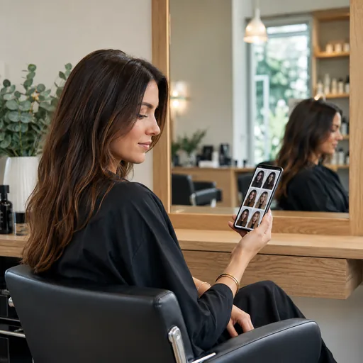 Use the AI hair color changer in a salon chair to preview a new hair color before the appointment