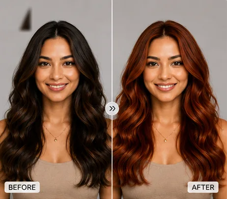 AI hair color changer before and after — brunette changed to copper red