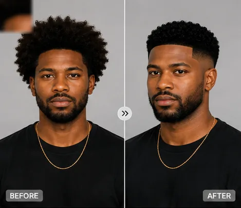 AI hairstyle changer for men before and after — afro changed to mid-fade haircut