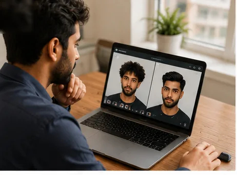 AI hairstyle changer for men comparing two hairstyles online on a laptop