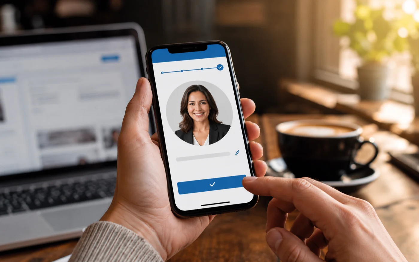 Ready for your professional headshot — a hand holding a smartphone showing an AI-generated headshot being set as a LinkedIn profile photo