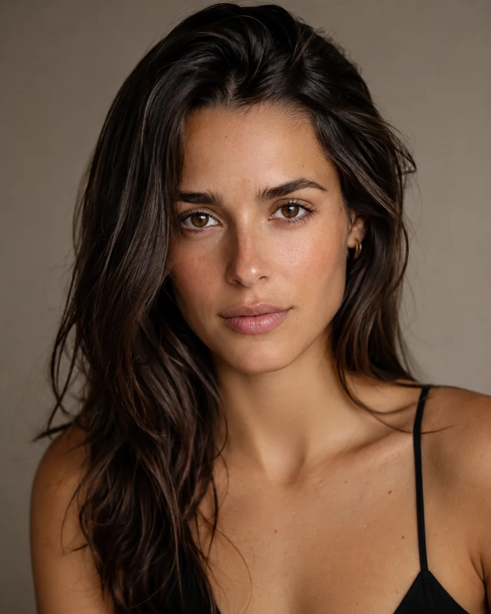 AI headshot gallery — editorial actor headshot of a brunette woman on a warm gray backdrop, AI headshot generator result