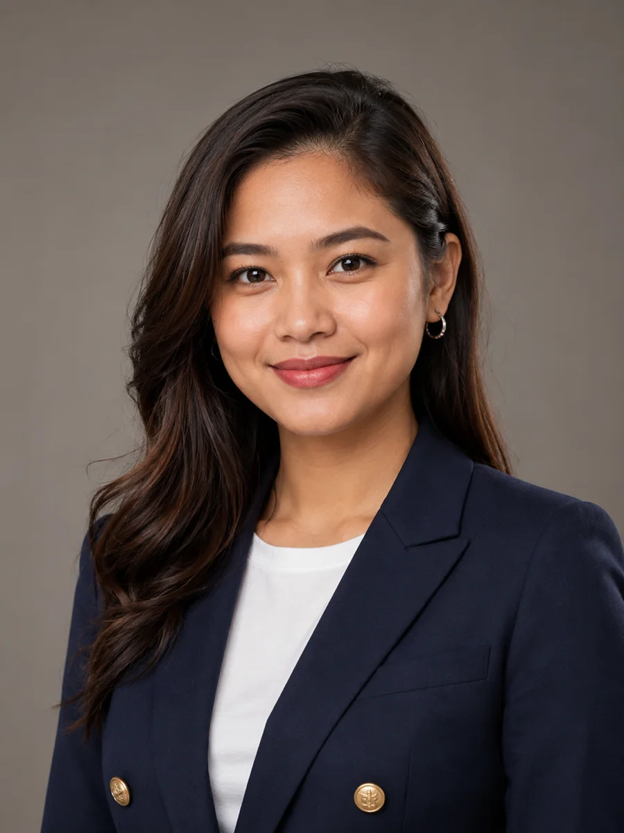 AI headshot gallery — LinkedIn-ready corporate professional headshot of an Asian woman in a navy blazer with gold buttons, generated by the AI headshot generator