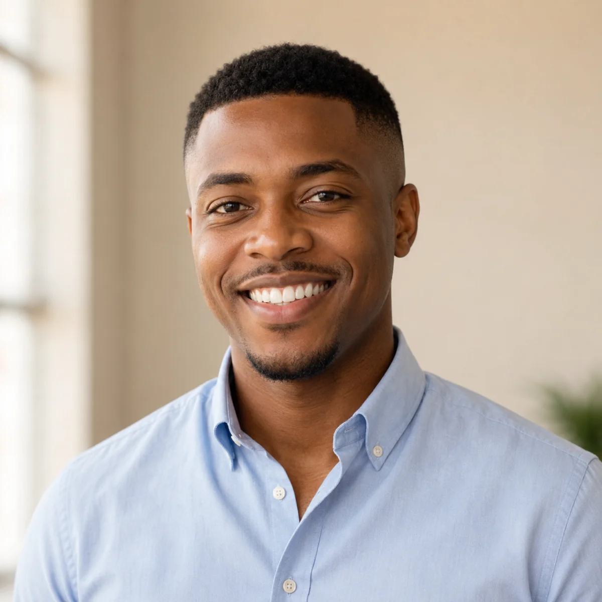 AI headshot gallery — business-casual LinkedIn professional headshot of a Black man in a light blue oxford shirt, AI generated from a selfie