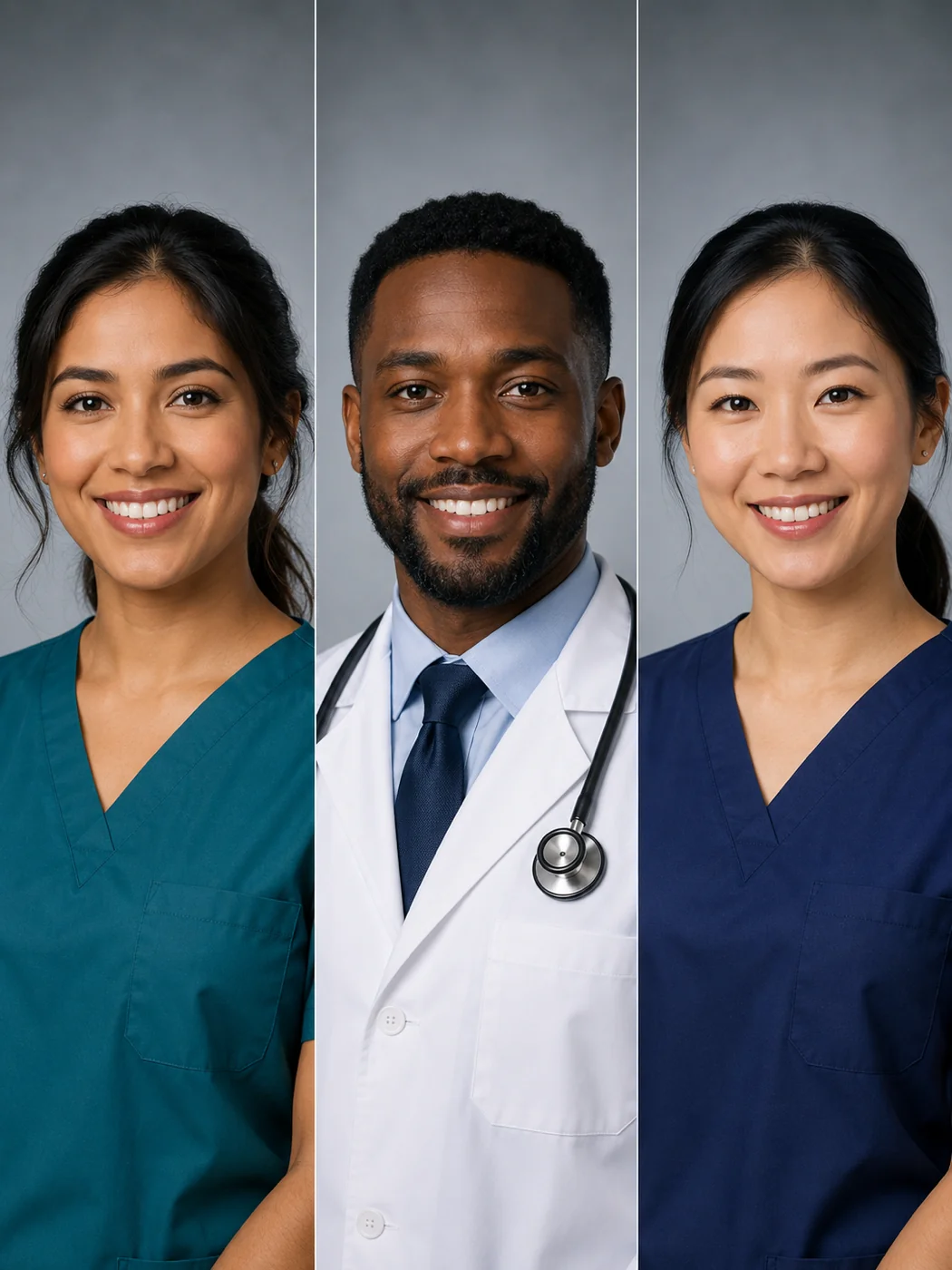 AI headshot generator result — consistent team headshots for a clinic, generated with the same backdrop and lighting