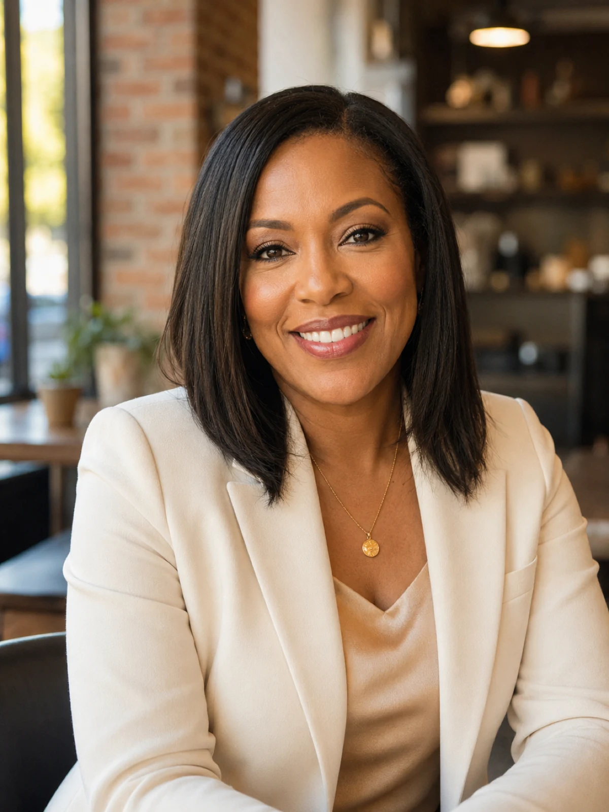 AI headshot generator result — warm corporate professional headshot of a Black woman in a cream blazer, generated by the AI headshot generator
